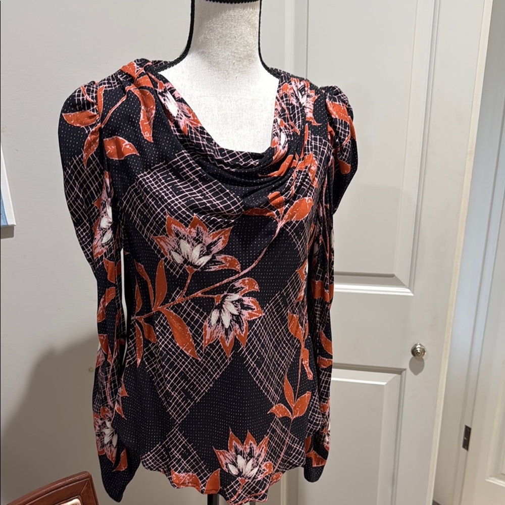 Navy  and Orange Asymmetrical Puff Sleeve Blouse